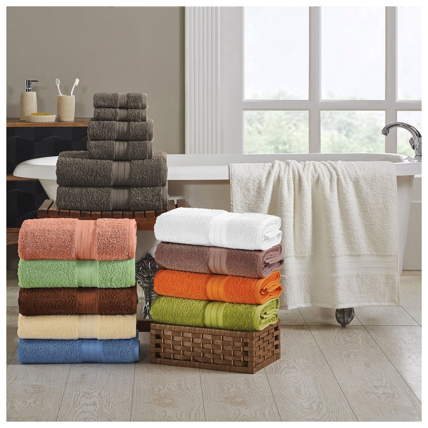 Bnm Egyptian Cotton Solid 12-Piece Towel Set, Trendy Colors, Beige