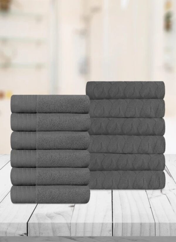 Set of 12 luxurious Turkish cotton face towels, featuring a mix of jacquard herringbone pattern and solid colors. Soft, absorbent, and durable, perfect for gentle face drying and daily use